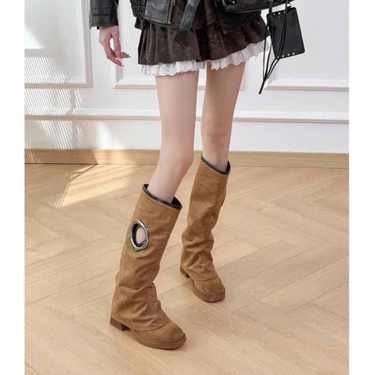 Star Meng Ziyi Has the Same Square Head Hole Design, Western Cowboy Boots, Women's Retro Versatile Thick-soled Thick-heeled Trouser Boots.