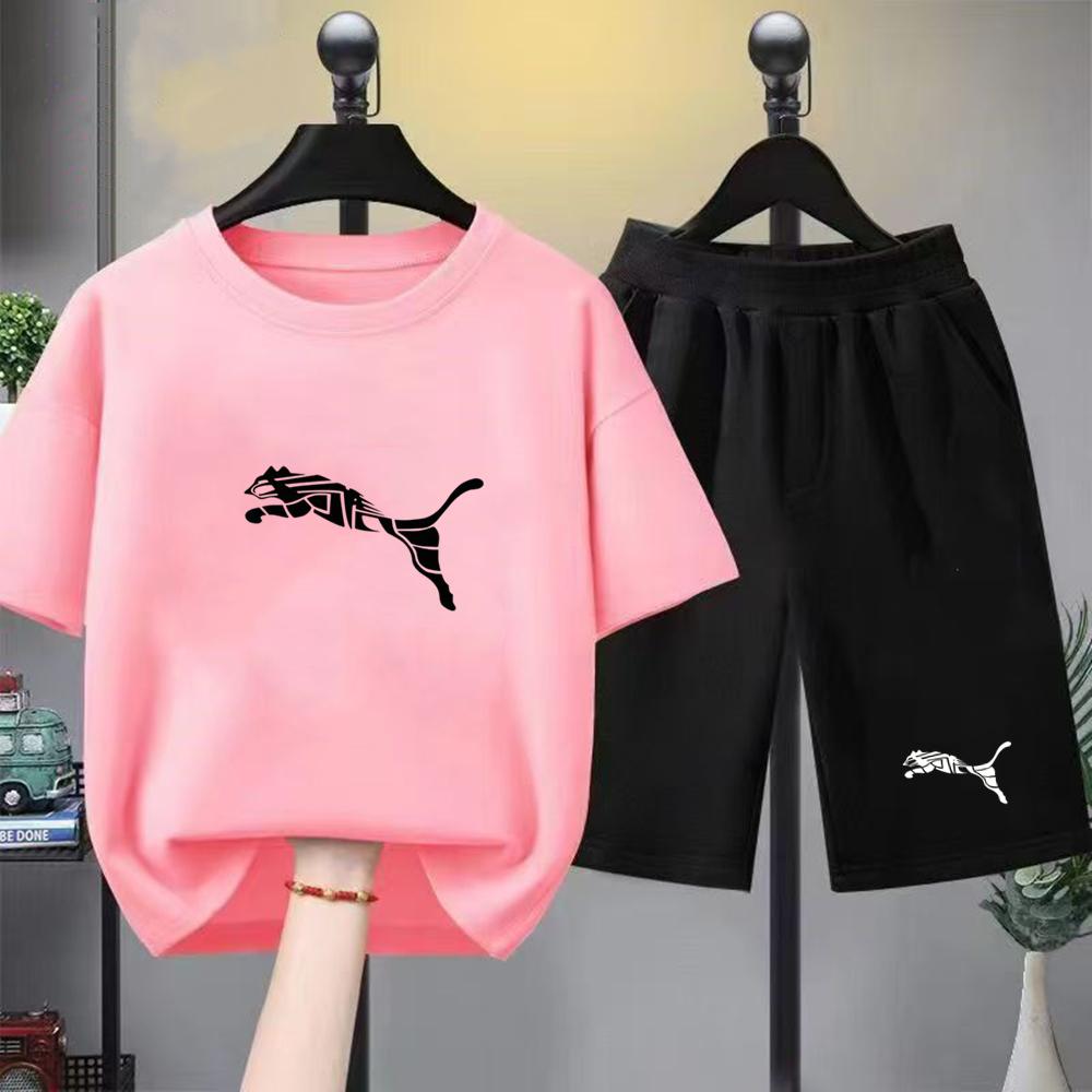 Set Due Pezzi T-shirt Bianca+Pantaloncini per Bambini Stampa Ragazzi Ragazze Toddler 3-12 Anni Sportivo Casual Abbigliamento Marca