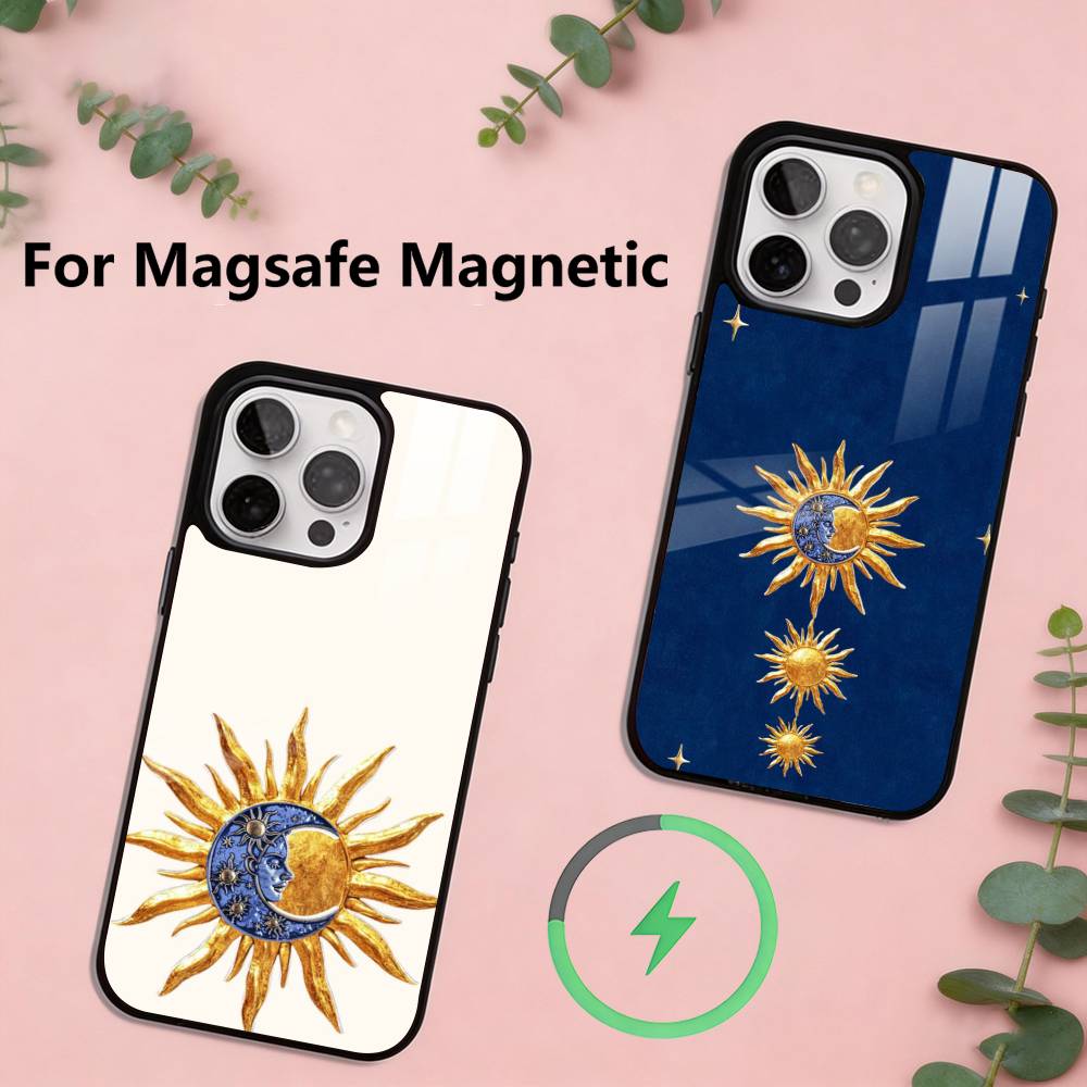 Sun Moon Phone Case For iPhone17,16,15,14,13,12,11 Plus,Pro Magnetic with Magsafe Wireless Charging