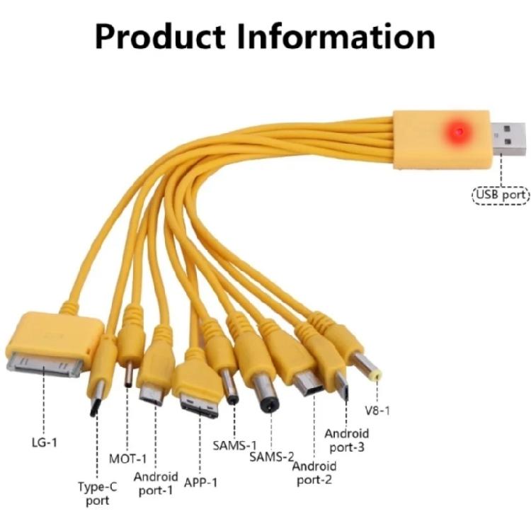 USB Data Cable Featuring 10 Ports with LED Light for Multiple Devices Fast Charging Capability Long Lasts Efficient Use