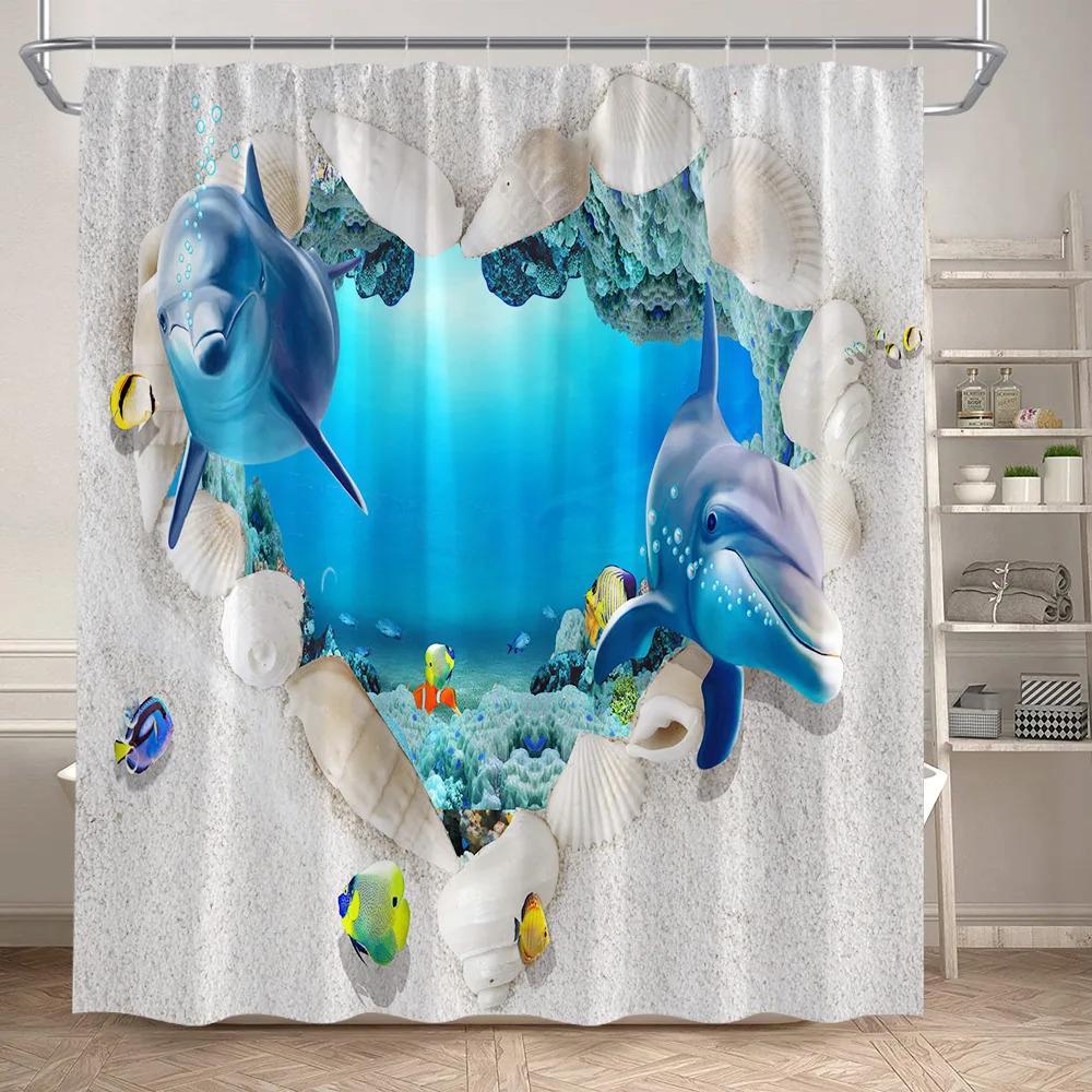 VIKAMA Underwater World Theme Shower Curtain - Waterproof and Mold-Resistant Bathroom Partition Curtain for Home Decoration