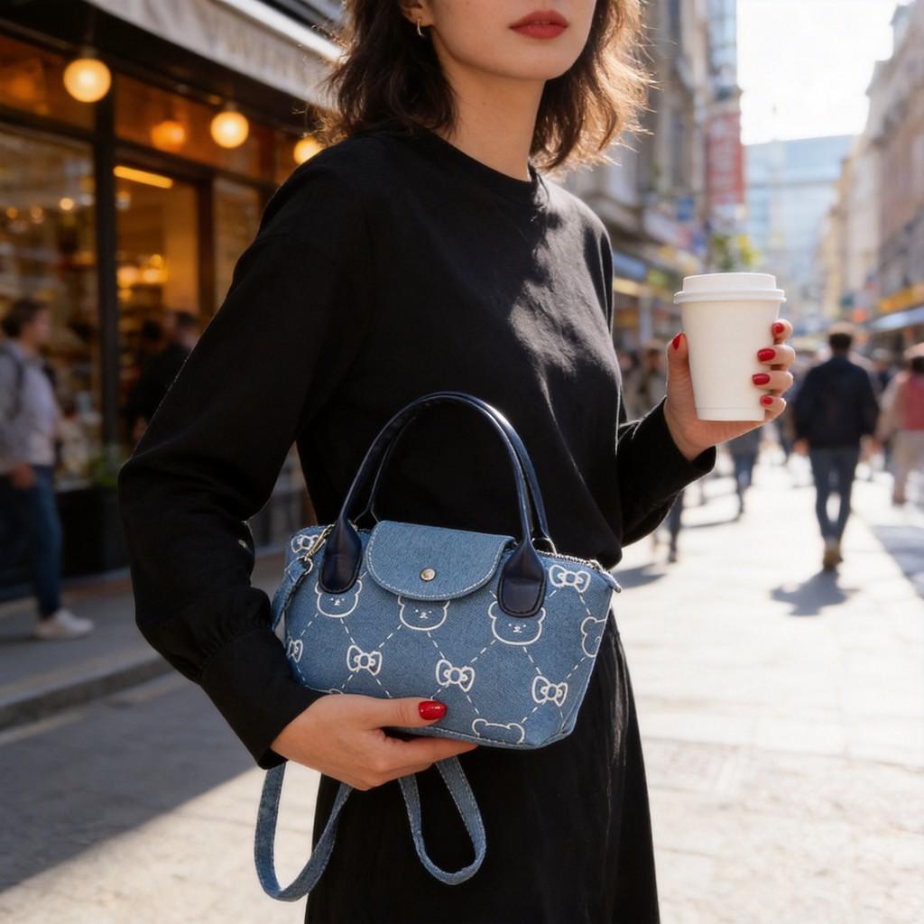 Cute Printed Denim Handbag With Flap Pocket For Ladies Casual Everyday Use