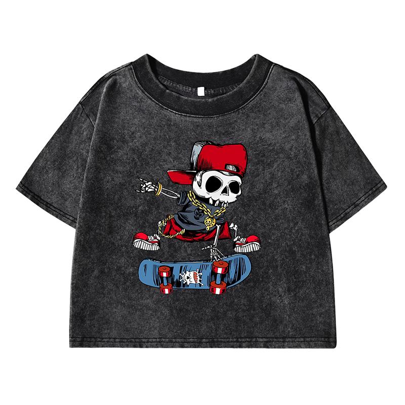 Skull Riding Skateboard Printing Female Washed Short T Shirts Breathable T-Shirt Street Summer Fashion Distress Tops