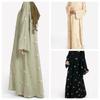 Women's Crew Neck Long Sleeve Maxi Dress Loose Waist Floral Embroidery Modest Abaya Dress