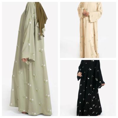Damen Maxikleid mit Rundhalsausschnitt und langen Ärmeln Lockerer Taillenbereich Florale Stickerei Bescheidenes Abaya-Kleid