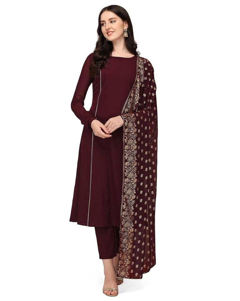 Women's Maroon Poly Crepe Straight Kurta Pant With Dupatta Set Party Wear Top Tunic Dress