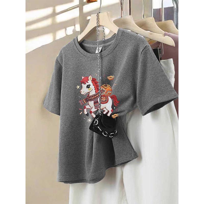 Crimson Year of the Rat Lucky Color Women's Thickened Round Neck Short Sleeve T-Shirt for Spring and Autumn