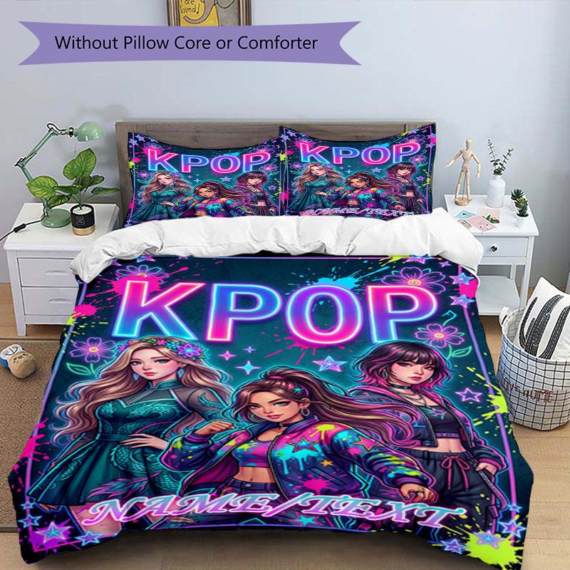 3PC Custom Name KPOP Neon Fashion Bedding Set Duvet Cover Closure Includes 1 Duvet Cover & 2 Pillowcases for Bedroom