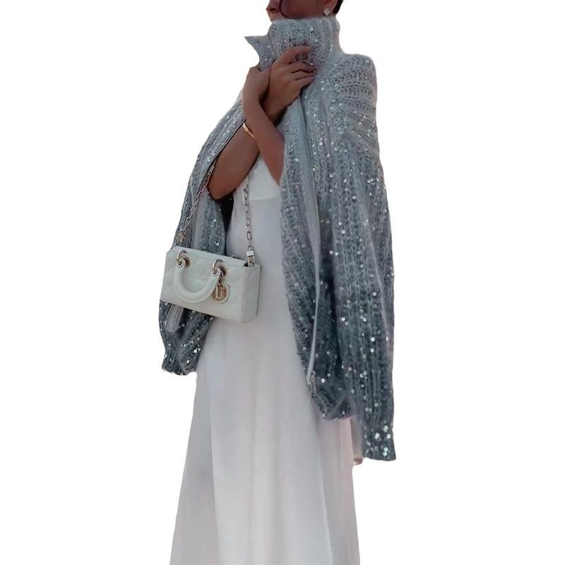 2023 podzimní/zimní evropská a americká flitrová volná svetrová bunda se stojacím límečkem pro ženy – útulný, tlustý cardigan styl