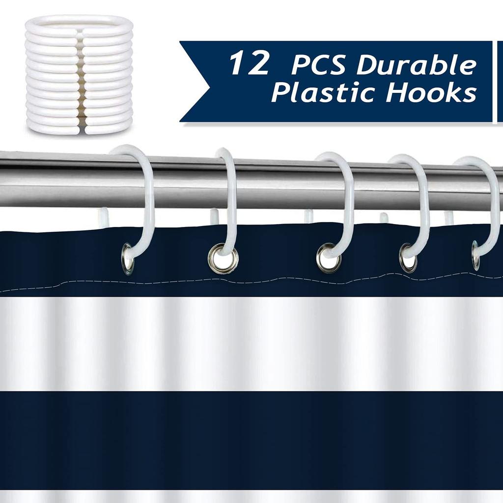 Nautical Striped Shower Curtain Navy Anchor Bathroom Curtain Polyester Fabric Waterproof Shower Curtain Set With Hook