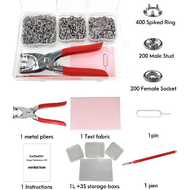 KAXIMON Snap Fasteners Kit 200 Sets, Metal Snap Button Kit with Fastener Pliers No Sewing, 9.5mm Snap on Button Kit Rust Proof DIY Press Studs Button