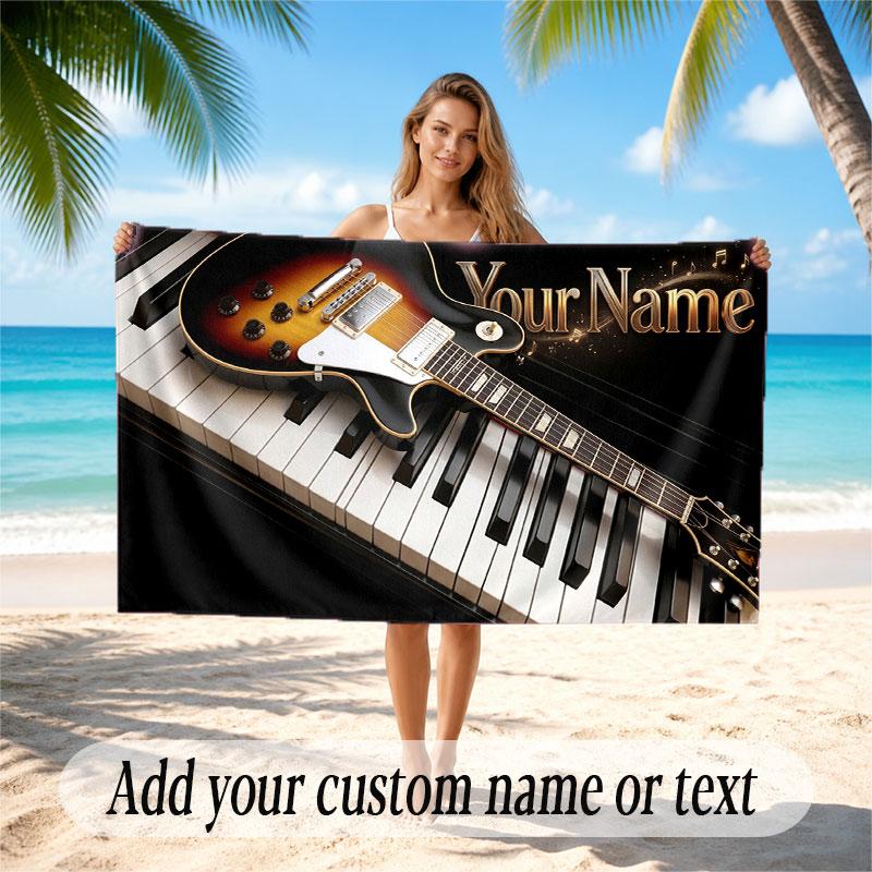 Music Guitar Theme Beach Towel Personalized Custom Name & Text Soft Quick Dry Beach Towel for Swimming Travel