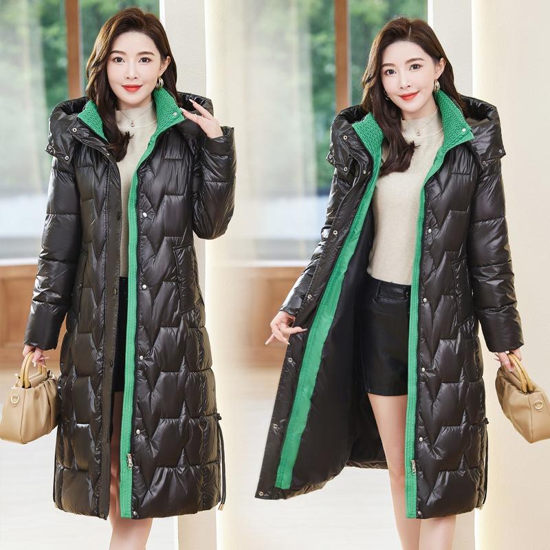 Women's cotton-padded clothes, winter medium and long over-knee glossy leave-in, thickened, slim and thin, warm cotton-padded jacket
