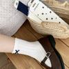 Japanese Blue & White Floral Mid-Calf Socks, Cute Bow & Lettuce Edge