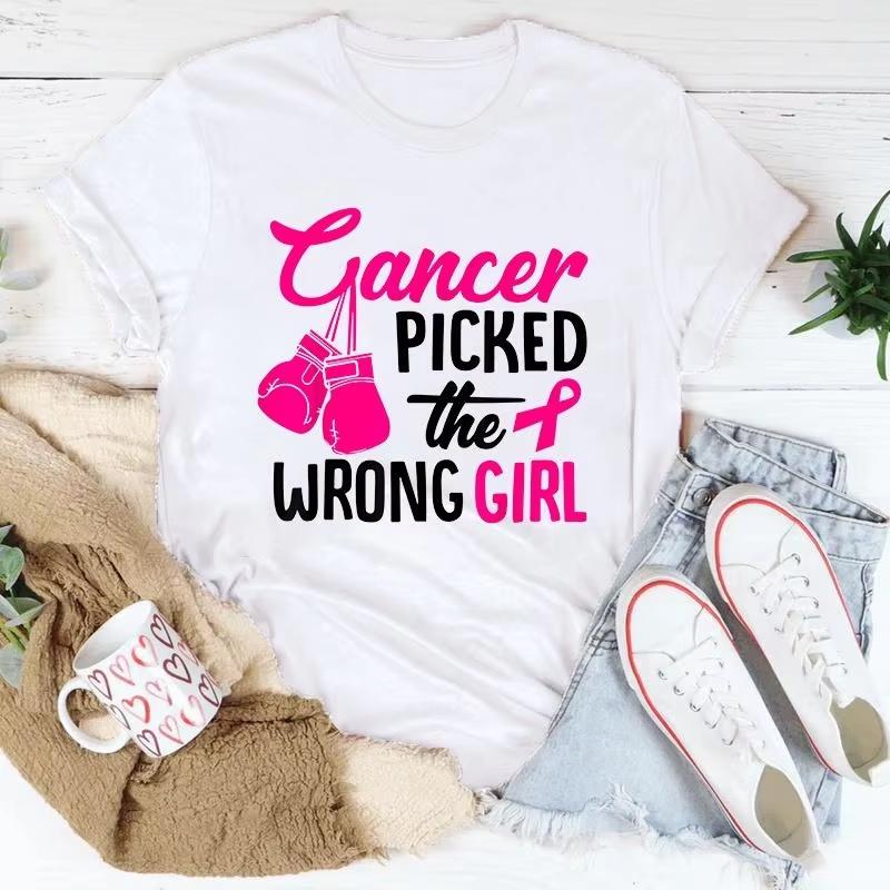 

Breast Cancer Cancer Picked The Wrong Girl Printing TShirt Fashion Short Sleeve Summer Cool Hip Hop Top Tee S