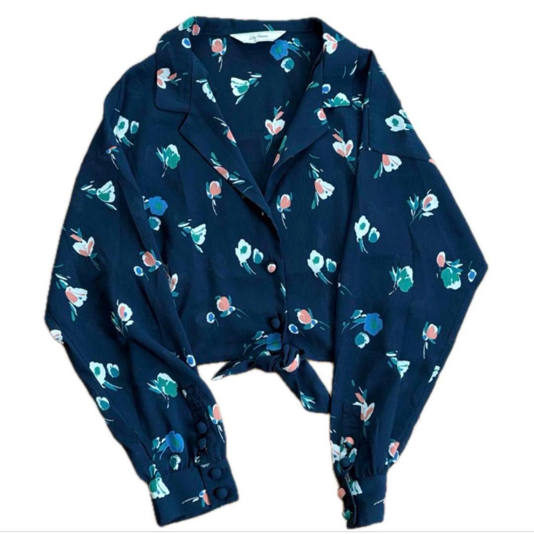 Lily Brown Floral Blouse Long Sleeve Navy Short Length