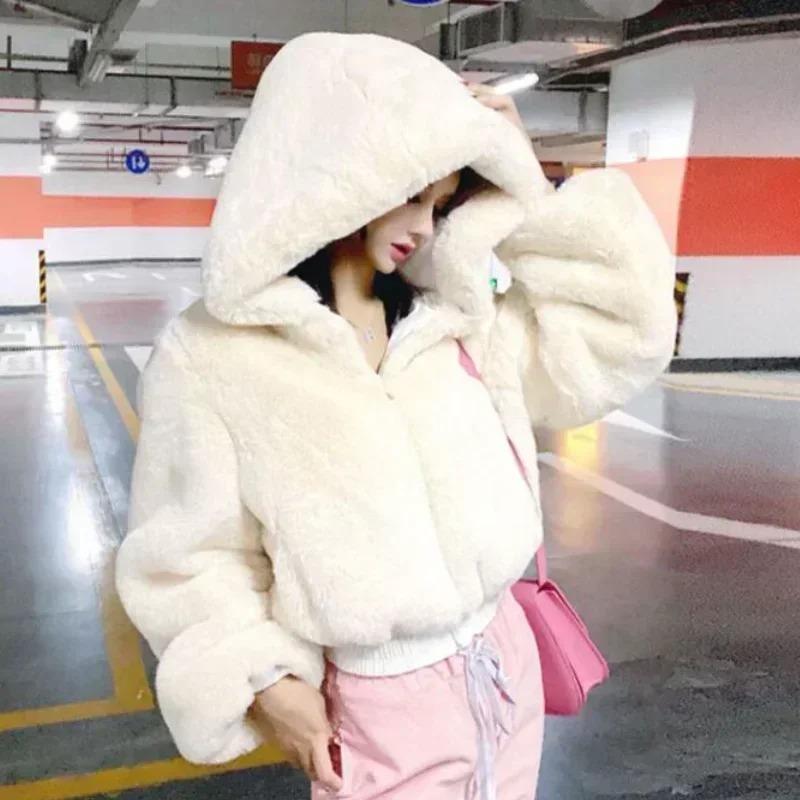 Herbst Winter Faux Kaninchen Fell Bomber Teddy Mantel Zipper Streetwear Hohe Taille Pelzigen Mit Kapuze Plüsch Jacke Strickjacke Fleece Parkas