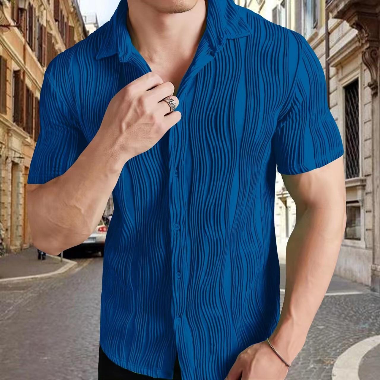 

European and American New Amazon Men s Large-size Fashion Casual Breathable Solid Color Short-sleeved Shirt XXXL синій