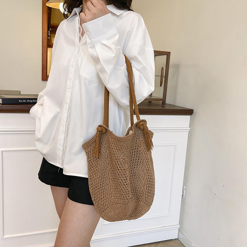 Street Style Woven Tote Bag With Double Shoulder Straps For Casual Daypack