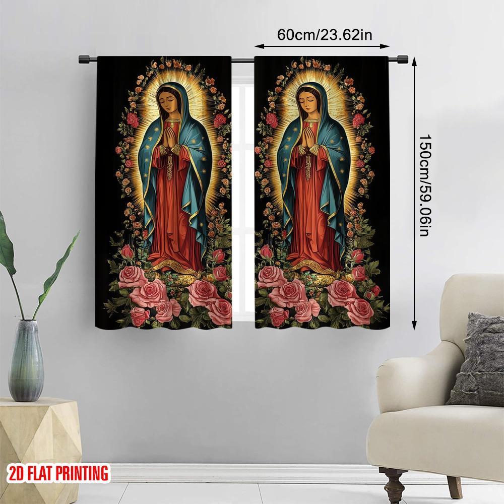 2 Stück Fenstervorhänge Göttliches Blumendesign Polyester, Ohne Strom Partydekorationen Perfekt für Raumdekor Ästhetik