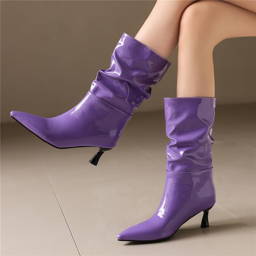 Fashion New Autumn Style Women's Sexy Patent Leather High-heeled Mid Boots Pointed Toe Boots Stiletto Heels Western Pleated Short Boots