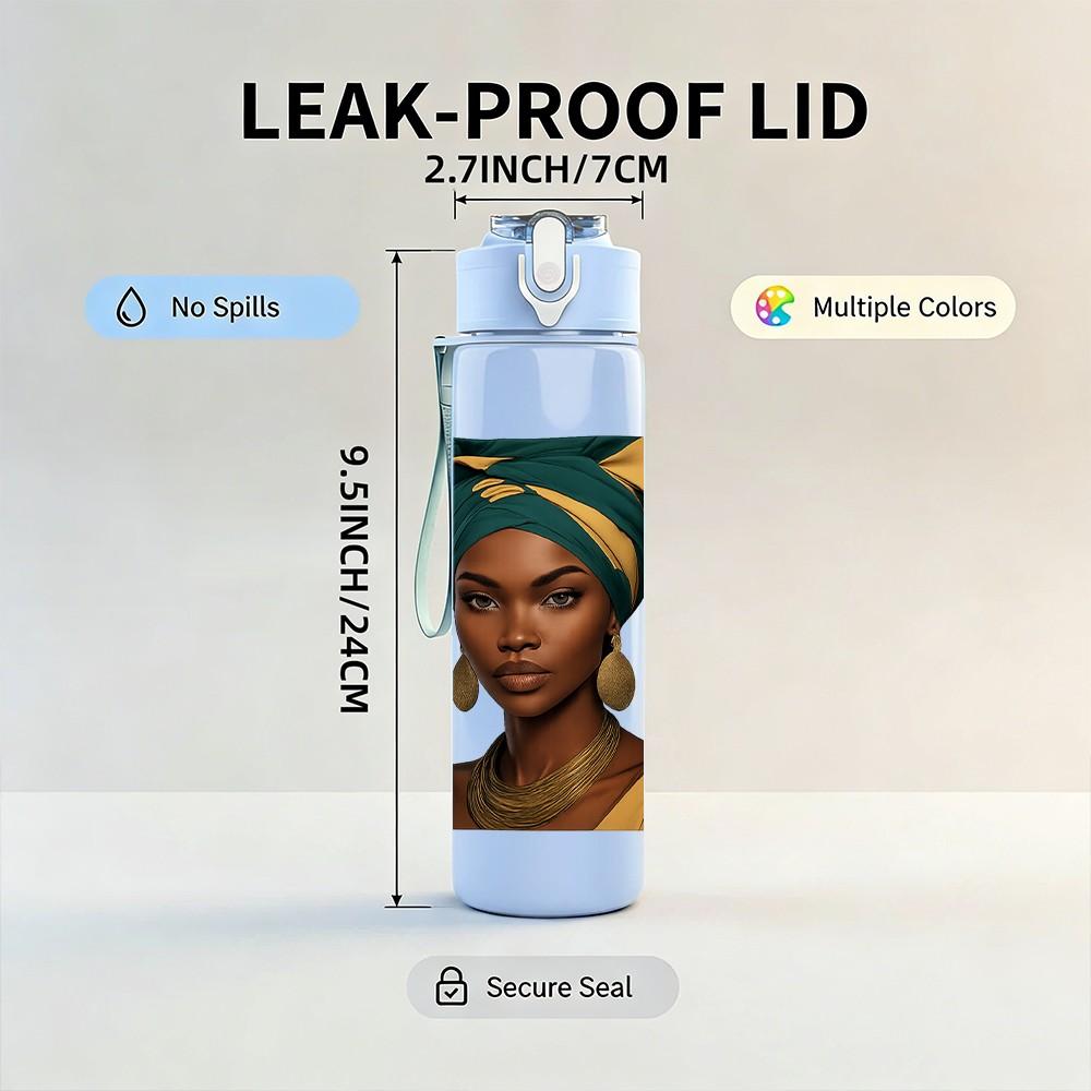 1PC African Woman Ethnic Art Portrait Print 750ml Color Plastic Sports Water Bottle Leakproof Flip Straw Lid Suitable for Sports Office Home Use