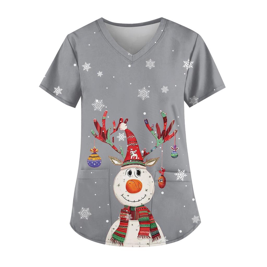 Ladies' Fashionable V-neck Pocket Short Sleeved Christmas Tree Printed Caregiver Uniform