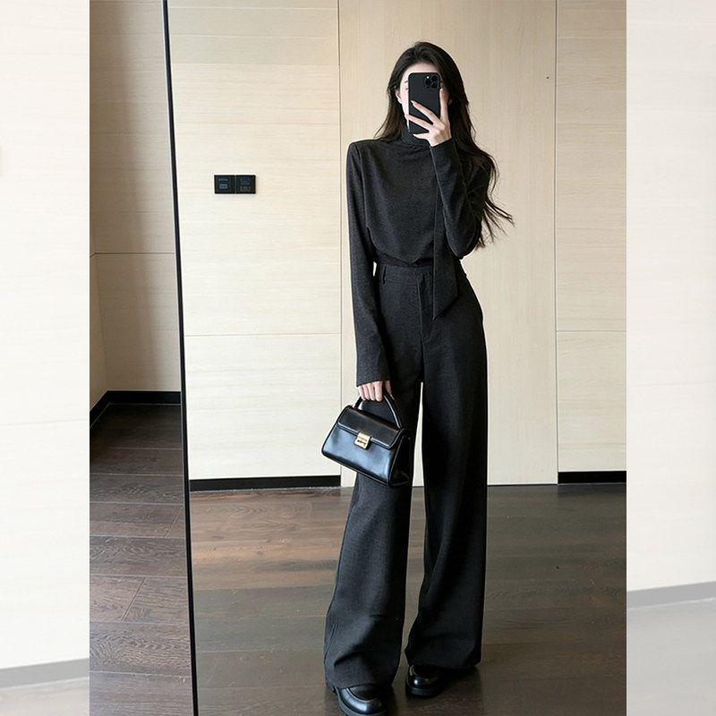 

Retro Dark Gray Lace-Up Shirt & Wide-Leg Pants Suit for Mature Women - Spring 2026 L Recommended (53-58 kg)