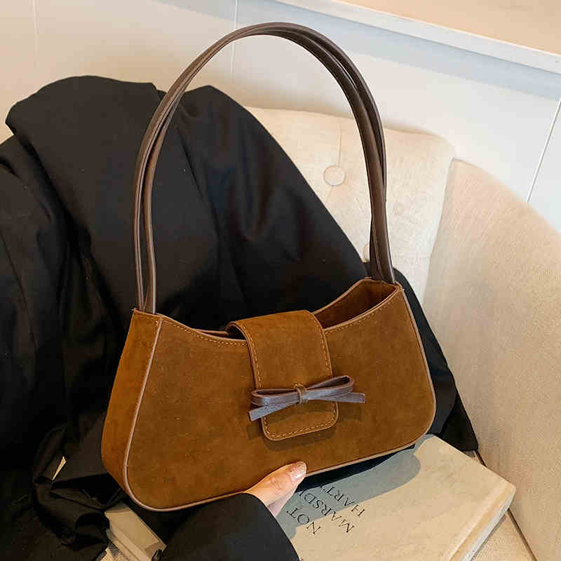 

Сумка подмышкой из нубуковой кожи в стиле ретро для женщин, осень-зима, большая вместимость, бархатные сумки на одно плечо с французским бантом