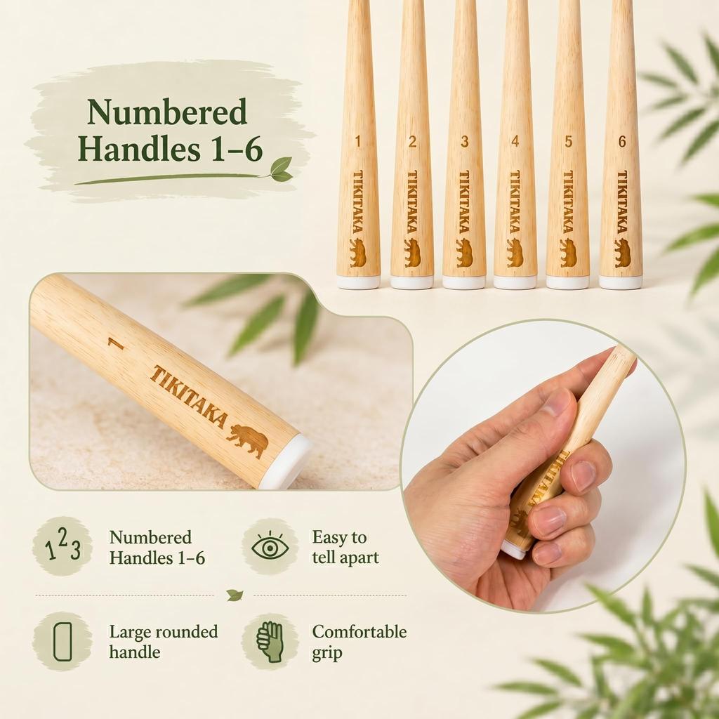 TIKITAKA FTG Boar Bristle Bamboo Toothbrush, Set of 6, Firm Natural Bristles, Curved Bamboo Handle, Self-Standing, Family Use, Adult Size