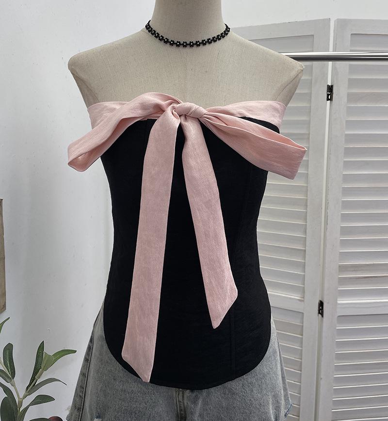 Vietnamese Bow Tie Lace-Up Strapless Color-Block Camisole with Waist-Cinching and Chest Pads One Size