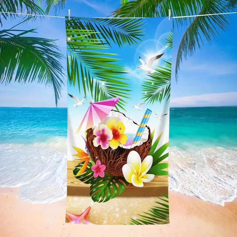 Telo da Spiaggia con Stampa Tramonto Estivo, Cappello di Paglia, Motivo Floreale Tropicale, Asciugatura Rapida, Senza Sabbia, Assorbente, Morbido, per la Vacanza