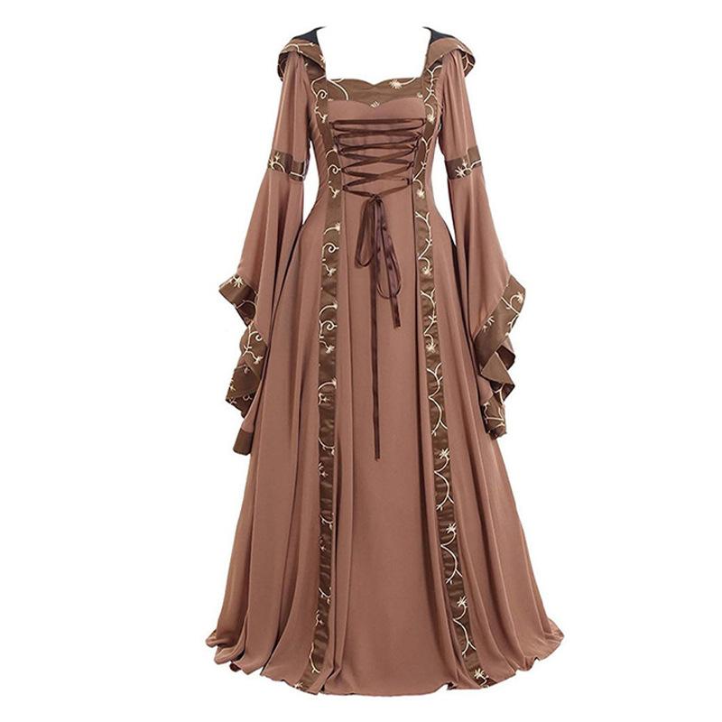 Women's Medieval Vintage Court Style Hooded Dress Square Neck Flared Sleeve Big Swing Dress