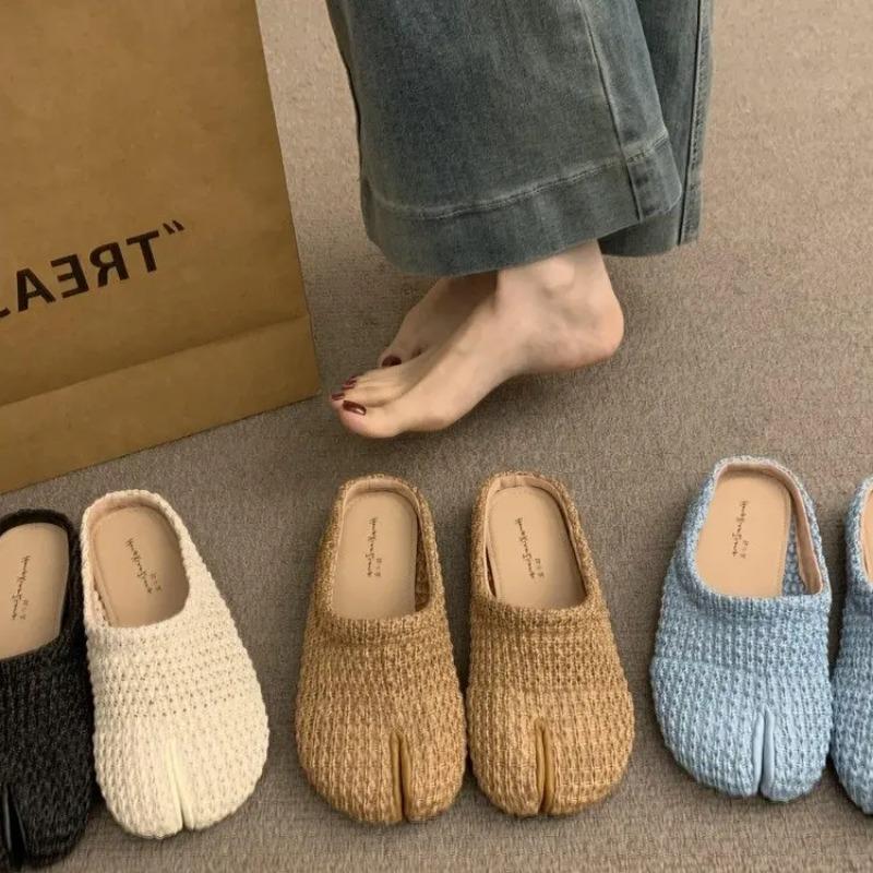 Fashion Summer Soft Leather Split-Toe Flat Bottom Comfortable Versatile Bean Shoes Women's Low Cut Slip-On Casual Shoes Rubber Sole