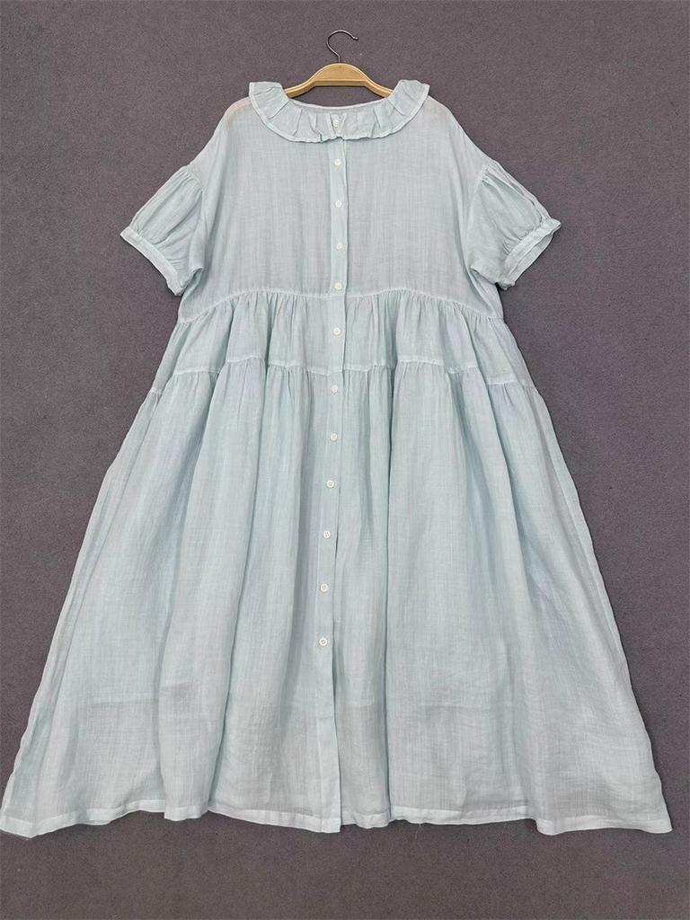 Johnature Japanese Ruffle Neck Dress Women Summer Mori Women Loose Casual Simple Solid Color Dresses