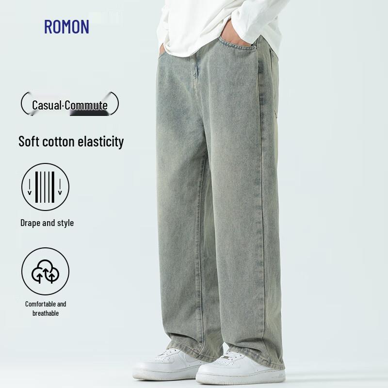 

Romon Men s Casual Loose Straight Wide-Leg Jeans for Spring Autumn Winter 3XL