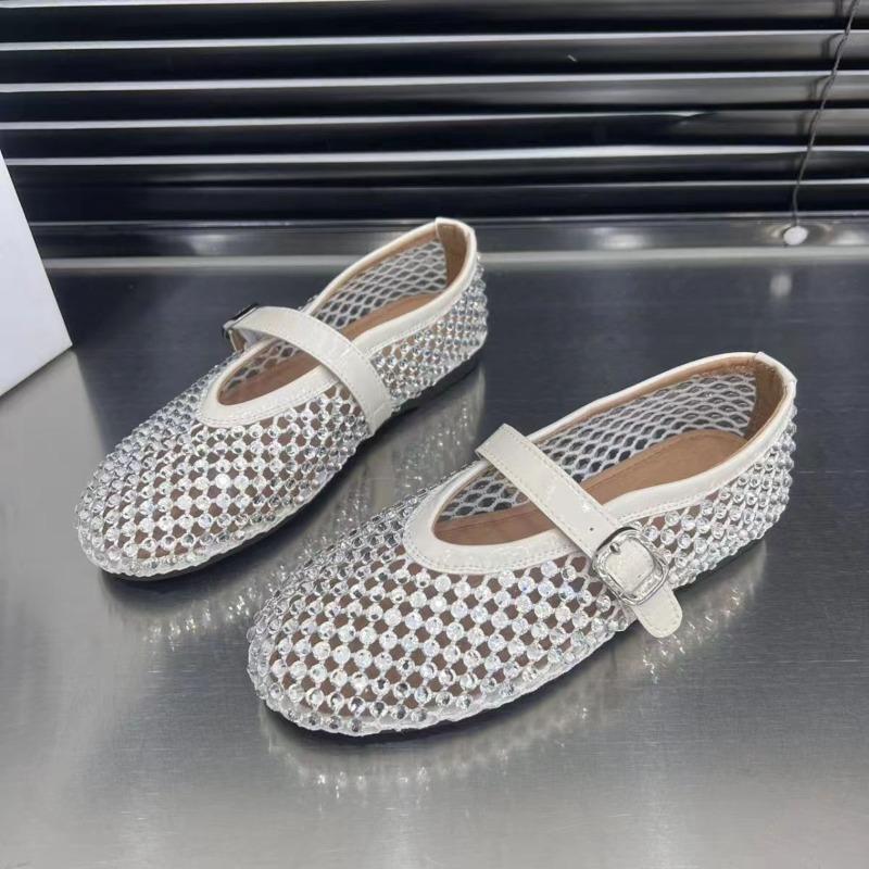 Fashion Women Sandals Designer Mesh Mary Jane Shoes Ladies Luxury Crystal Rhinestone Fishnet Flat Shoes Women 2025 New Plus Size Loafers