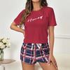 New Women's 2 Piece Pajamas Sets Letter Short Sleeve Pullover Tops and Drawstring Plaid Shorts Casual T Shirt Loungewear Pjs Set