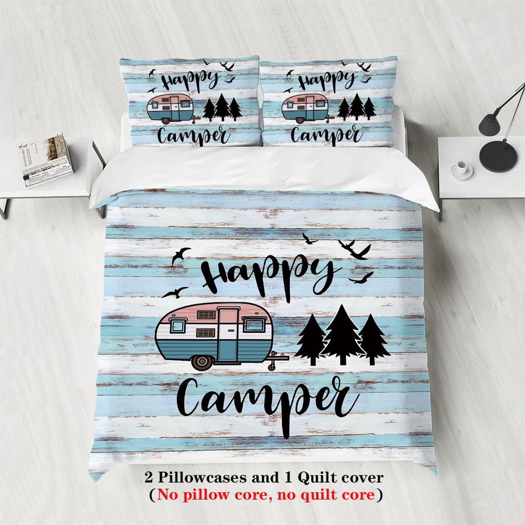 3pcs happy camper pattern printed bedding set, suitable for teenagers and adult's bedroom, camping, 1*duvet cover+2*pillowcase