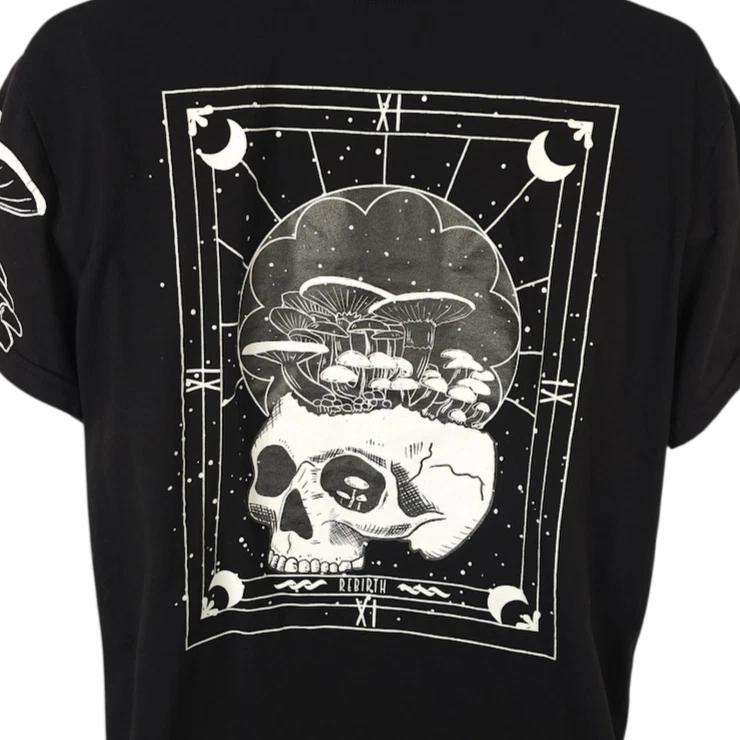 

Rebirth Tarot Card 100% Cotton T-shirt Mens Tees Top Mens Size Large Black Skull Mushrooms L