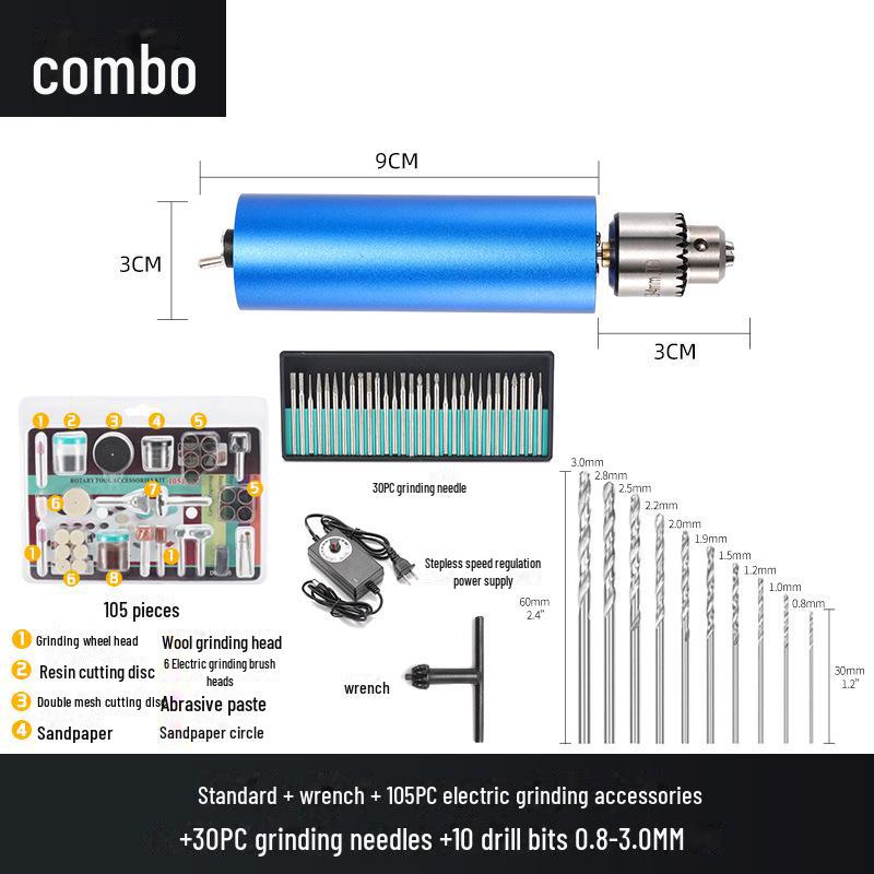 Modrá kovová mini elektrická bruska s britskou a americkou zástrčkou, 12V2A plynule nastavitelná rychlost, ruční malá elektrická vrtačka.