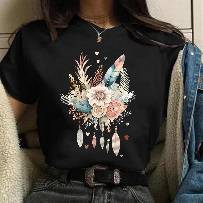 

2025 Hot Sale Art Flower Feather Print T-shirt Short Sleeve Crew Neck Casual Summer Spring Women s Clothing Top Tee S