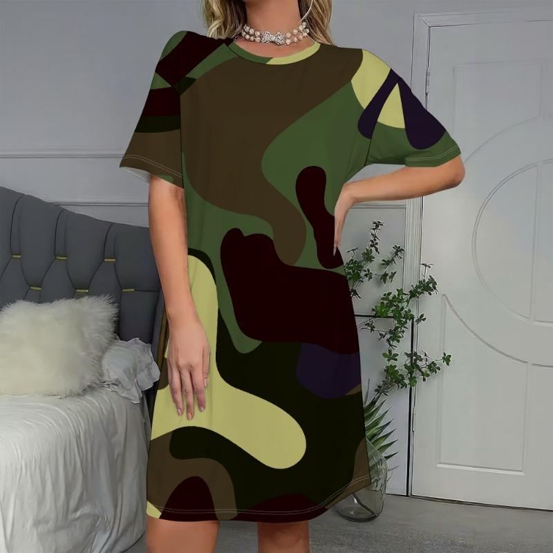 Camouflage Short Sleeve Dress, Camo Print T-Shirt Dress, Casual Loose Fit, Women s Summer Fashion L