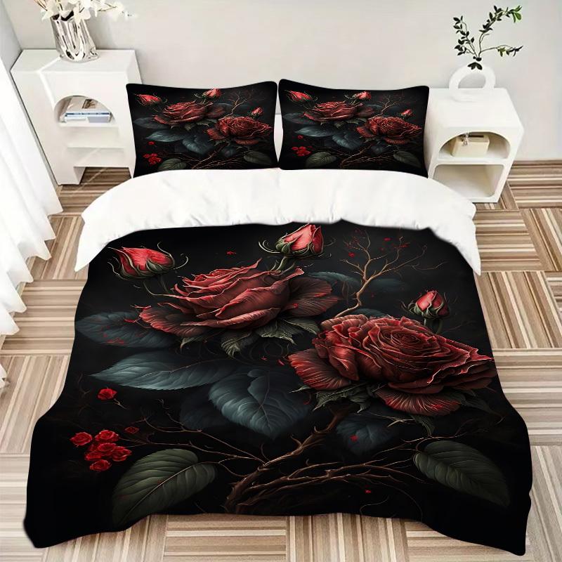 3 Stück Rosen, Dunkles Blumenmuster Bettwäsche-Set, Bezug für Schlafzimmer Gästezimmer (1 Bettbezug + 2 Kissenbezüge, ohne Steppdecke), yy250922226