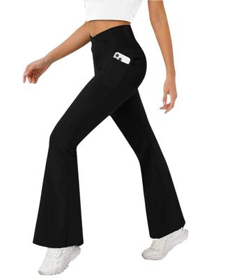 Dambyxa med korslagd midja och utsvängda ben, för yoga, med ficka för telefon, bekväm passform, träningsbyxor, gymtights
