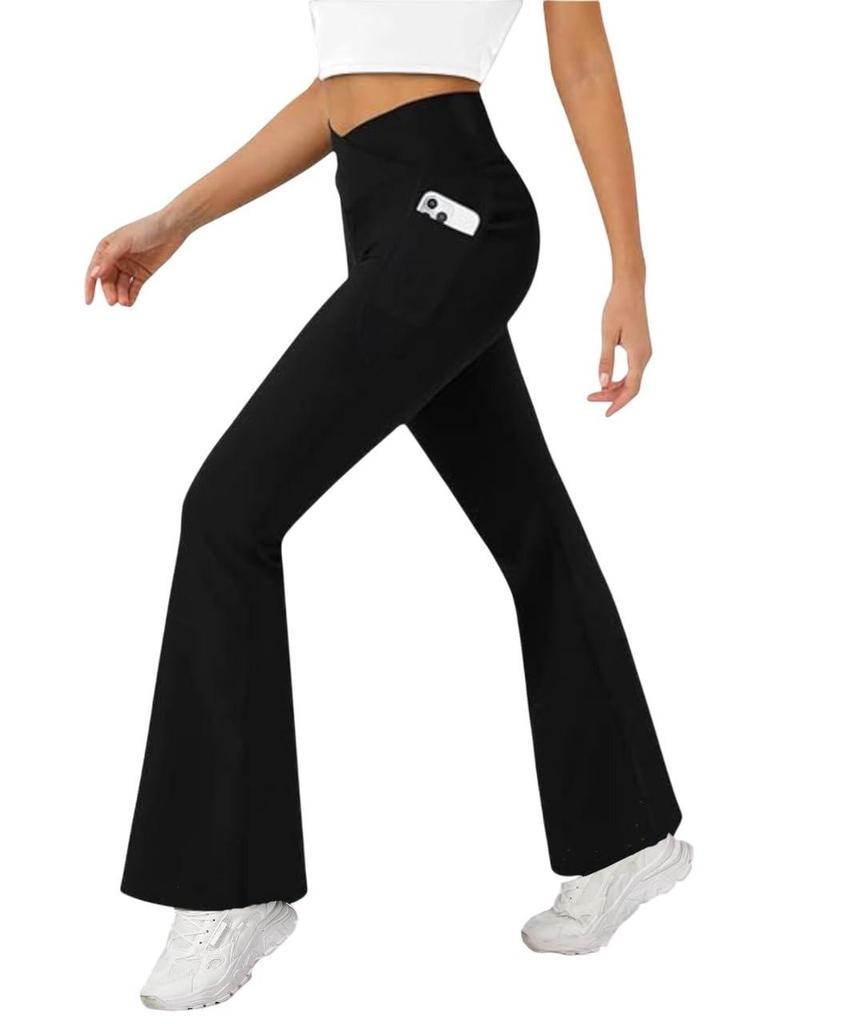 Damen Crossover High Waist Schlaghose mit Handytasche, Komfort-Passform, Sporthose, Fitness-Tights