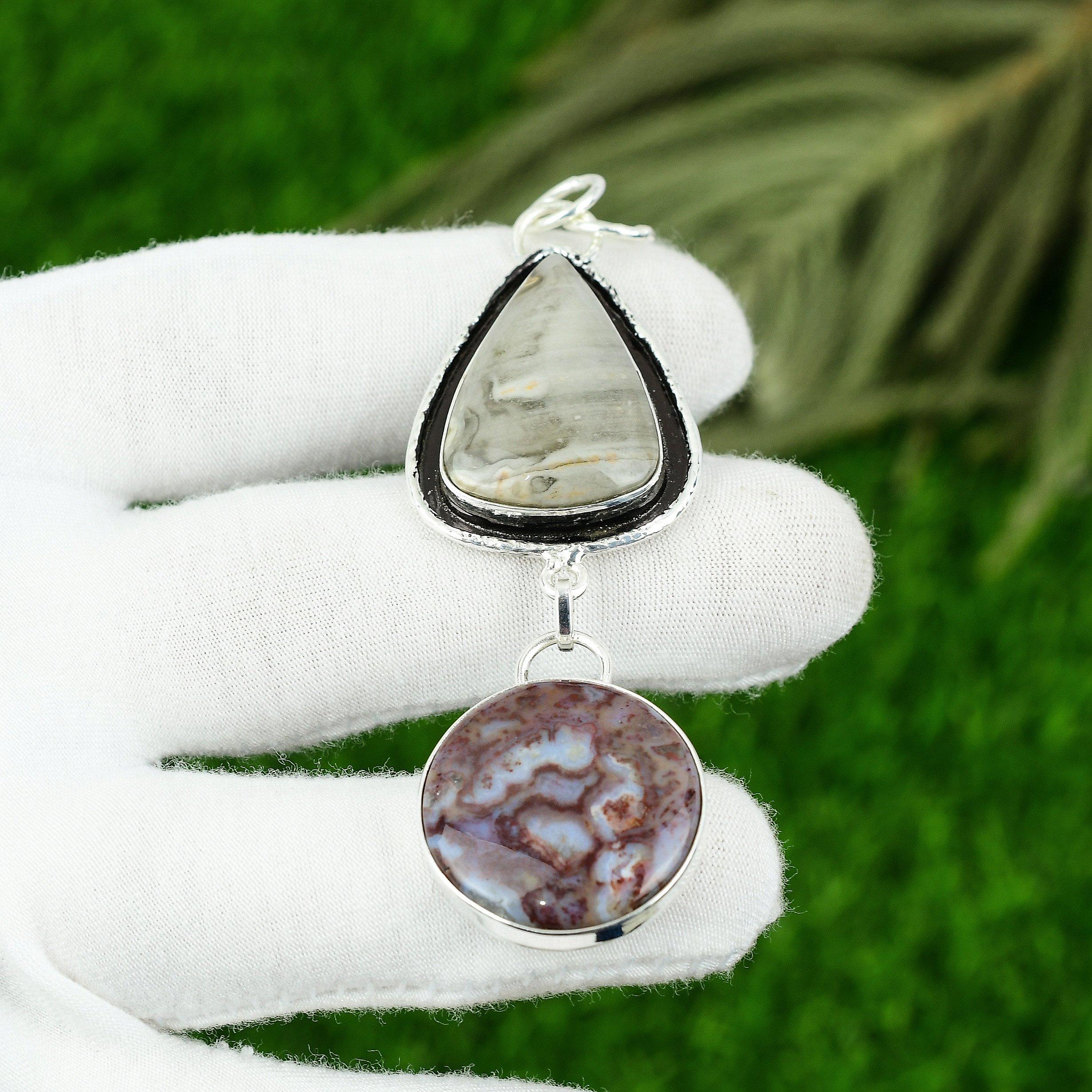 

Подарок на годовщину для нее Подвеска из натурального океанического яшмового драгоценного камня 925 серебро