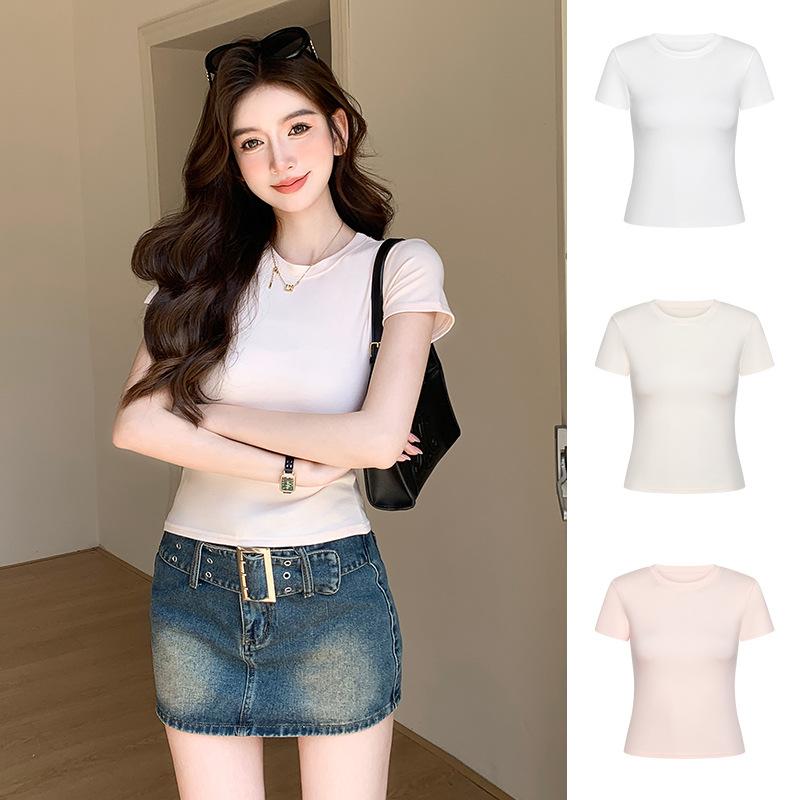 Slim Short-sleeved T-shirt White Summer Hot Girl Top Round Neck Straight Shoulder Women French Elastic Slim Inside and Outside