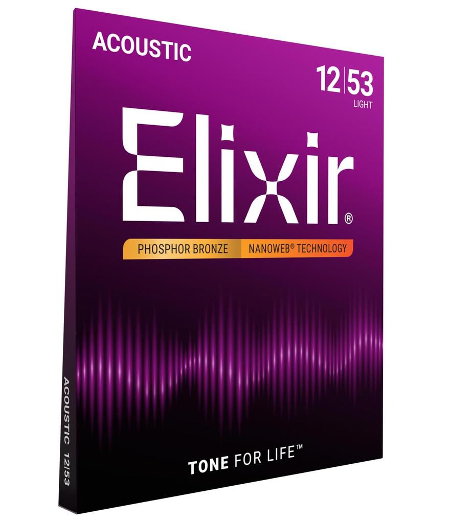 Cordas Elixir para Violão Acústico NANOWEB Bronze Fosforoso Leve .012-.053 #16052 (2 pacotes) [Produto Original Nacional]