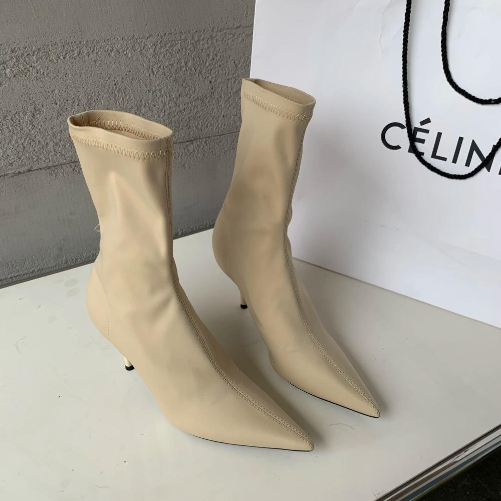 Stivali alla caviglia da donna in tessuto elasticizzato Autunno Primavera Punta appuntita sexy Tacco alto Moda Calzini da donna Scarpe con tacco a spillo